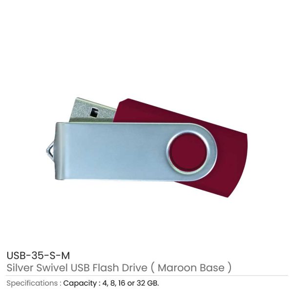 Silver Swivel USB Flash Maroon Case