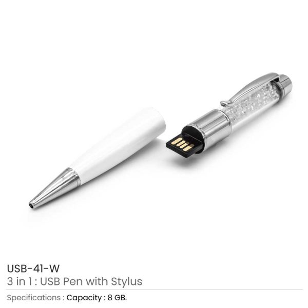 Metal Pen with Crystal & Stylus - White