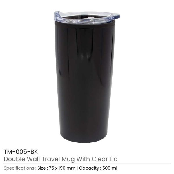 Double Wall Travel Mugs with Clear Lid Black