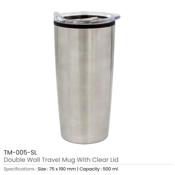 Double Wall Travel Mugs with Clear Lid Silver
