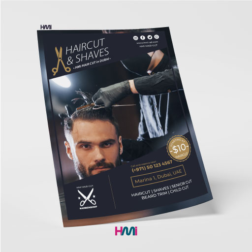 Hair cut flyer in Germany with HMi GmbH | Hair saloons Professional Flyer desiging in Germany with only HMi GmbH | We design and print your flyers in Germany | We offer best prices for Flyer printing in Germany | We design you a professional advertising at HMi GmbH in Düsseldorf