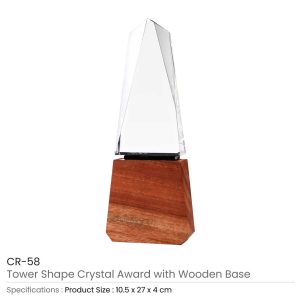 Tower Shaped Crystal Award with Wooden Base - Image 3