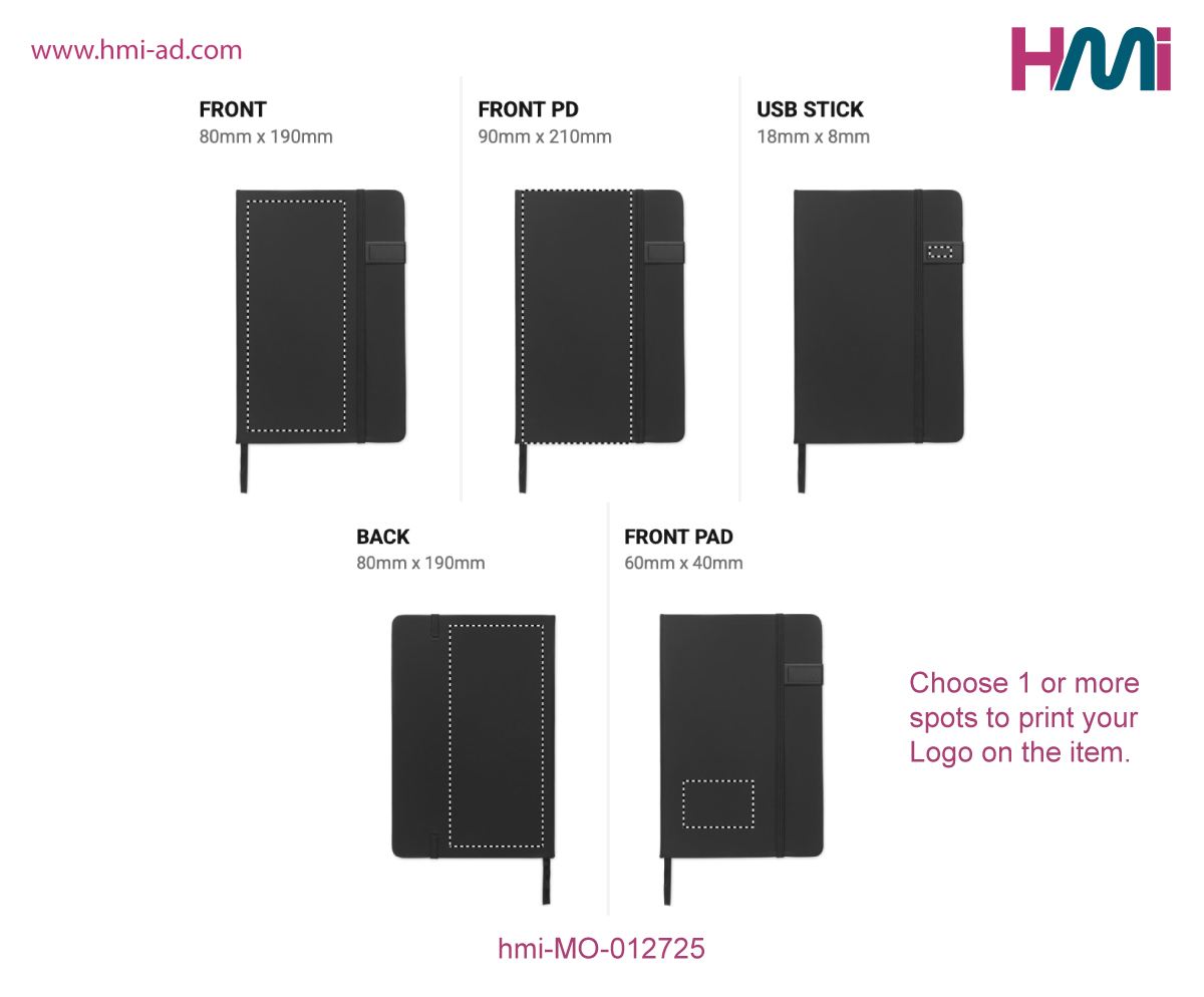 Promotional A5 Notebook with USB-Stick in Germany | Print logo on Promotional Notebook in Germany on hmi-ad | hmi-MO-012725 | Printing details