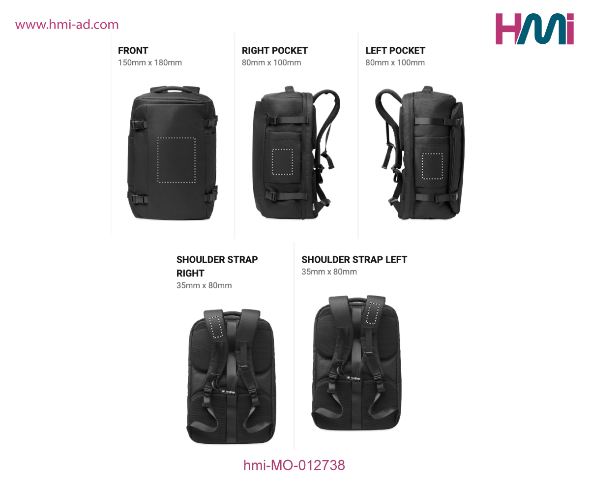 Promotional Travel Laptop Backpack | Print logo on Travel laptop Backpack in Germany on hmi-ad | hmi-MO-012738 | Printing Options | Printing areas | Giveaways in Germany