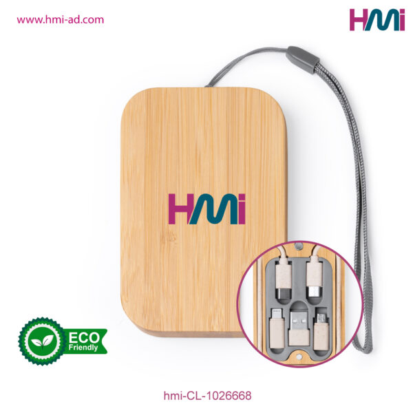 Bamboo charging cable set 8 | Promotional Bamboo Giveaways | Promotional Eco-friendly gift items with branding in Germany | hmi-CL-1026668-02