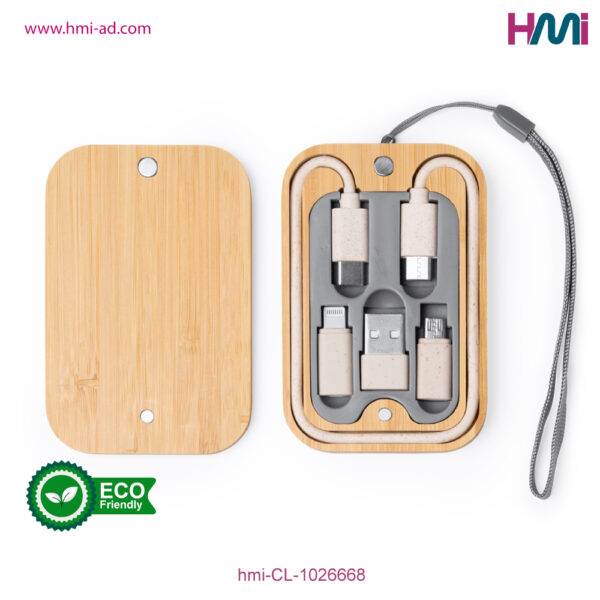 Bamboo charging cable set 8 | Promotional Bamboo Giveaways | Promotional Eco-friendly gift items with branding in Germany | hmi-CL-1026668-04