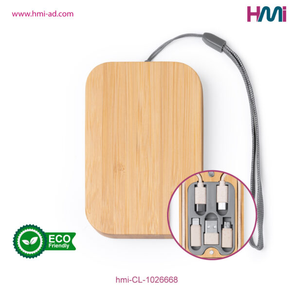 Bamboo charging cable set 8 | Promotional Bamboo Giveaways | Promotional Eco-friendly gift items with branding in Germany | hmi-CL-1026668