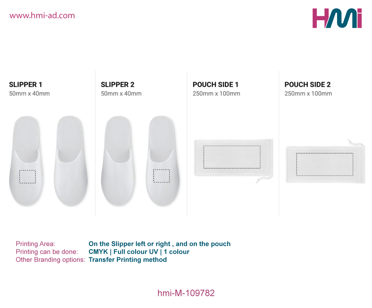 Promotional Slipper with branding in Germany | Promotional Slippers with logo in Germany | Hotel Giveaways in Germany with custom Logo | hmi-ad | hmi-M109782-Printing Details