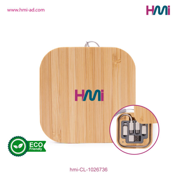 Promotional charging cable set with logo | Square bamboo charging cable set | Promotional Bamboo charging cable set with logo in Germany | hmi-CL-1026736