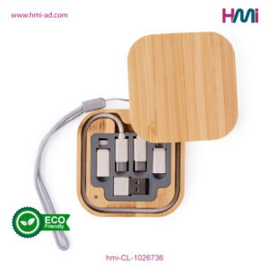 Promotional charging cable set with logo | Square bamboo charging cable set | Promotional Bamboo charging cable set with logo in Germany | hmi-CL-1026736-04