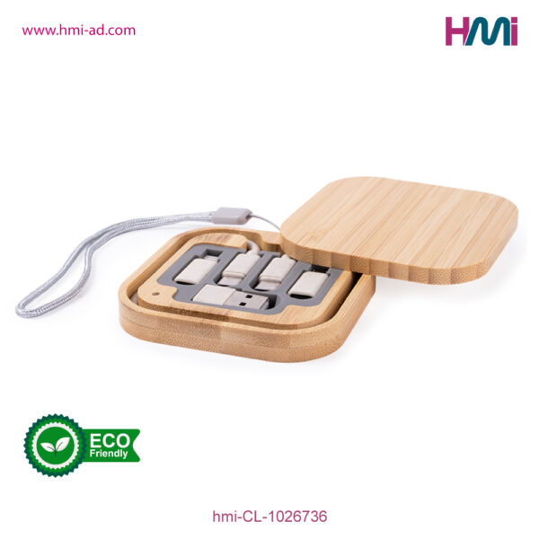 Promotional charging cable set with logo | Square bamboo charging cable set | Promotional Bamboo charging cable set with logo in Germany | hmi-CL-1026736-05