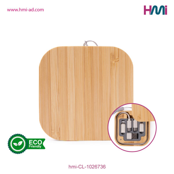 Promotional charging cable set with logo | Square bamboo charging cable set | Promotional Bamboo charging cable set with logo in Germany | hmi-CL-1026736