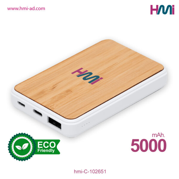 Promotional Power Bank in Germany | Bamboo Power Bank 51 | Promotional Power Bank with 5000 mAh with branding in Germany | Promotional Power Bank with logo in Germany | hmi-C-102651-02