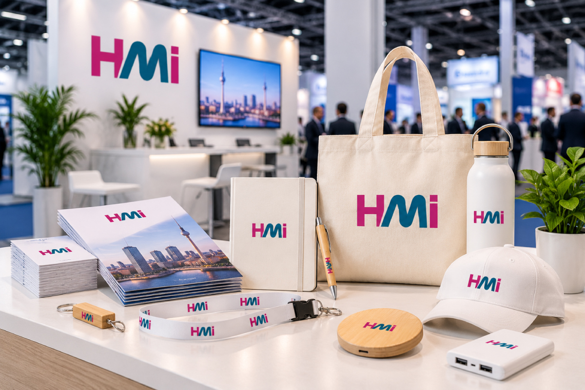 Promotional products with custom HMi branding for events in Germany