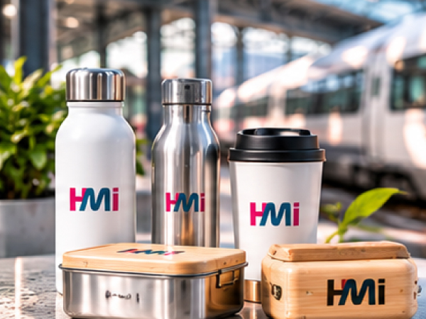 Promotional drinkware and food containers with branding for railway companies in Germany