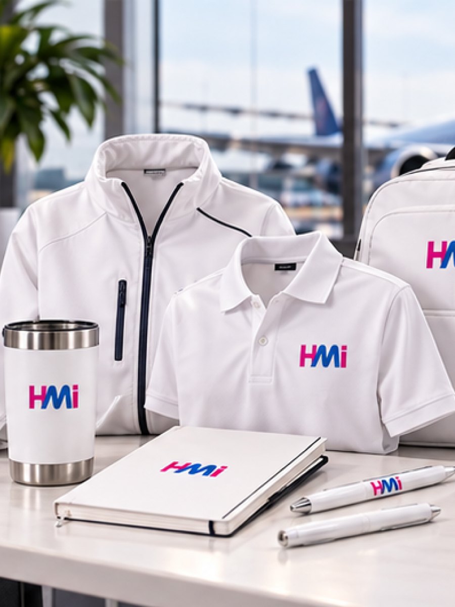 Employee merchandise kit with branded promotional products for aviation companies in Germany