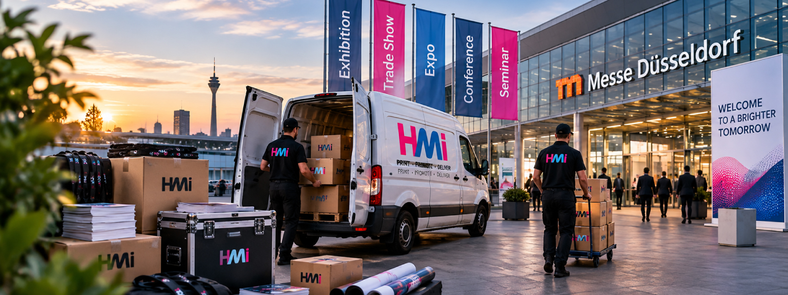 Express promotional products printing and delivery to exhibitions and events in Germany by HMi
