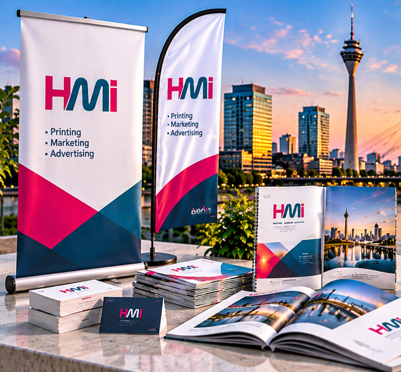 Professional printing products in Düsseldorf including brochures, catalogues, business cards and roll-up banners