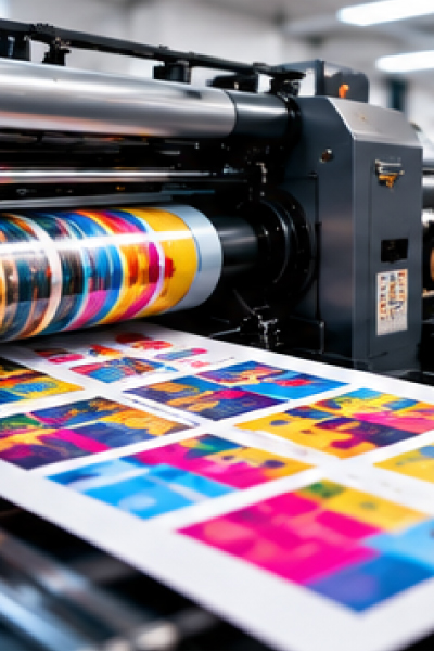 Offset printing press producing high-volume brochures