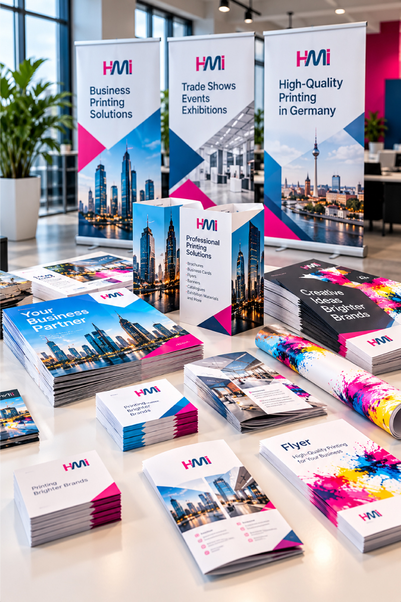 HMi brochures, catalogues, folded flyers, business cards and exhibition roll-up banners