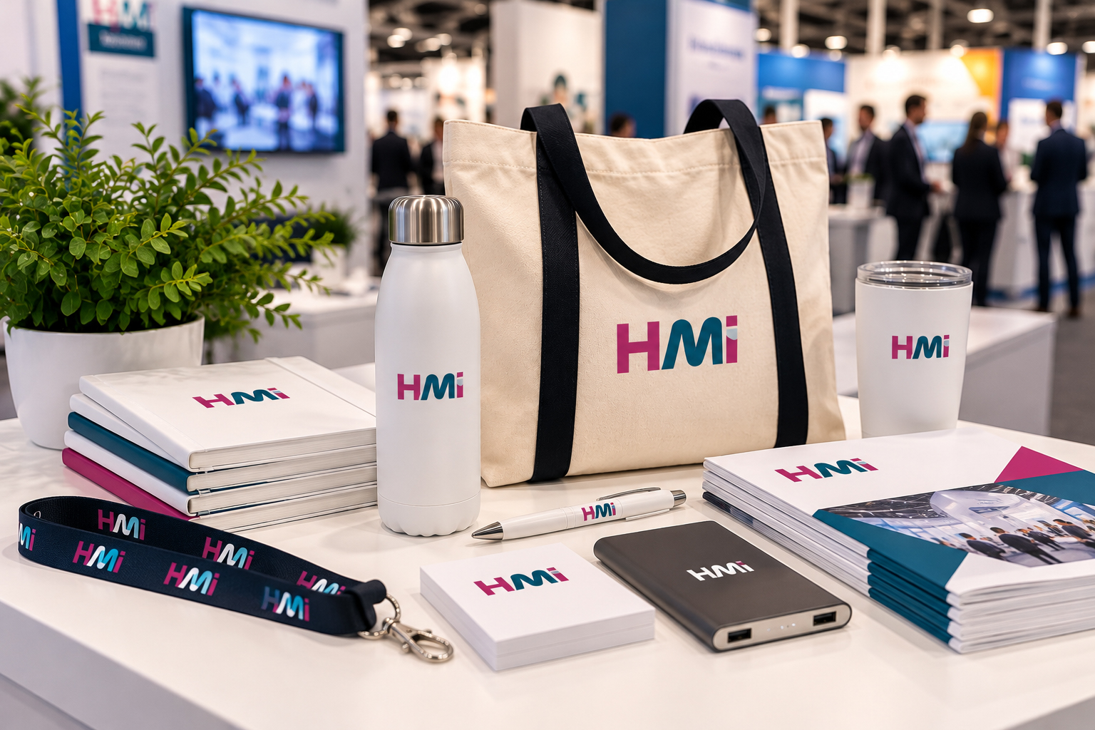 Trade show promotional products in Germany including custom branded bags, drinkware, notebooks and giveaways